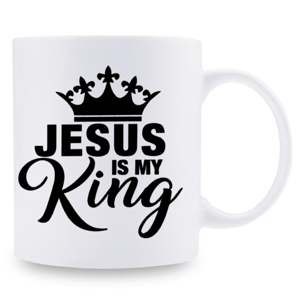 Tailorly White Ceramic 11 oz Mug - Jesus Is My King Ornate Royal Crown With Elegant Stylized Script Religious Lettering Mug