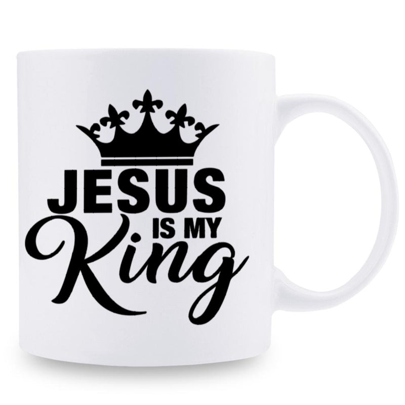 Tailorly White Ceramic 11 oz Mug - Jesus Is My King Ornate Royal Crown With Elegant Stylized Script Religious Lettering Mug
