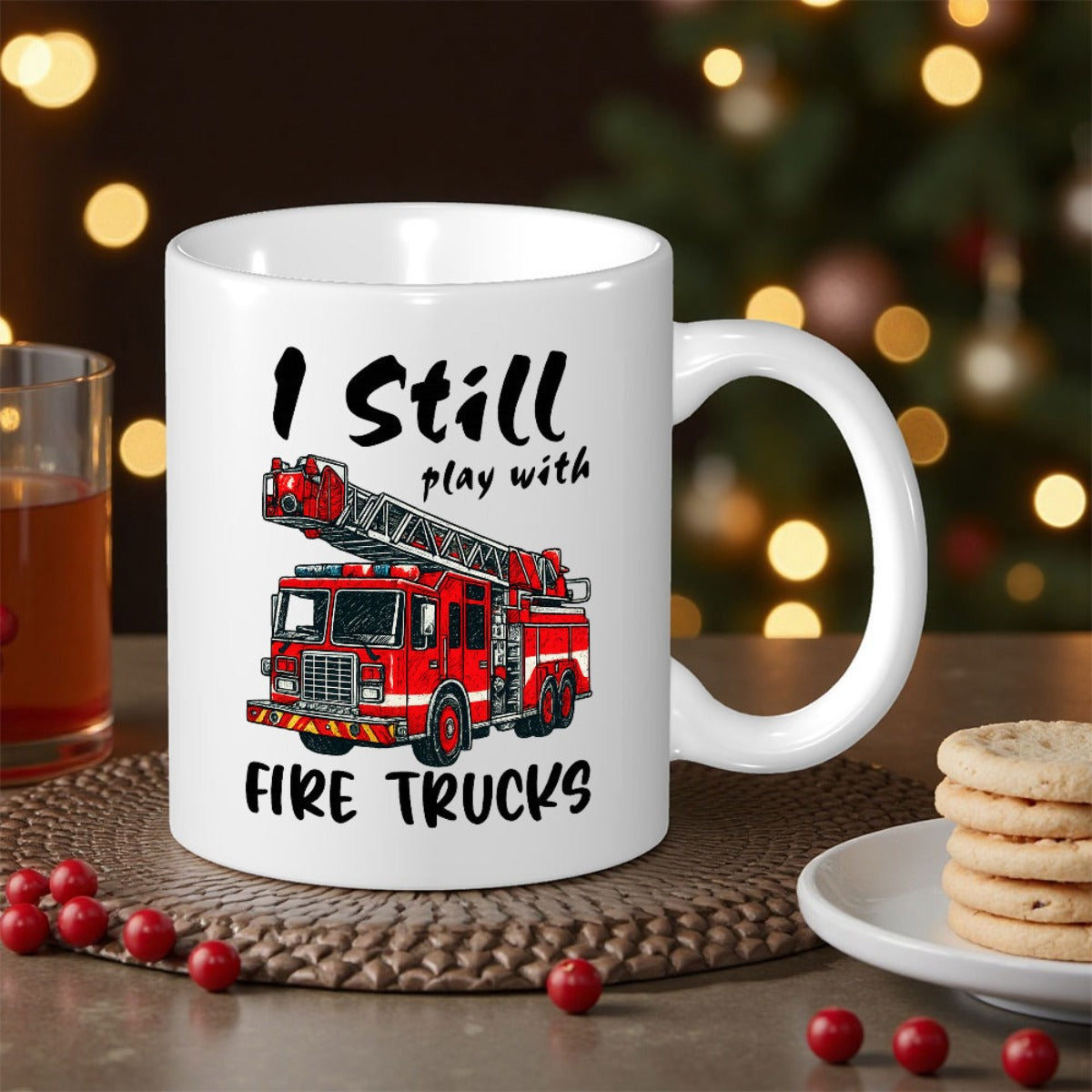 Tailorly White Ceramic 11 oz Mug - I Still Play With Fire Trucks Detailed Red Emergency Vehicle With Extended Ladder And Bold Modern Tires Fire Truck