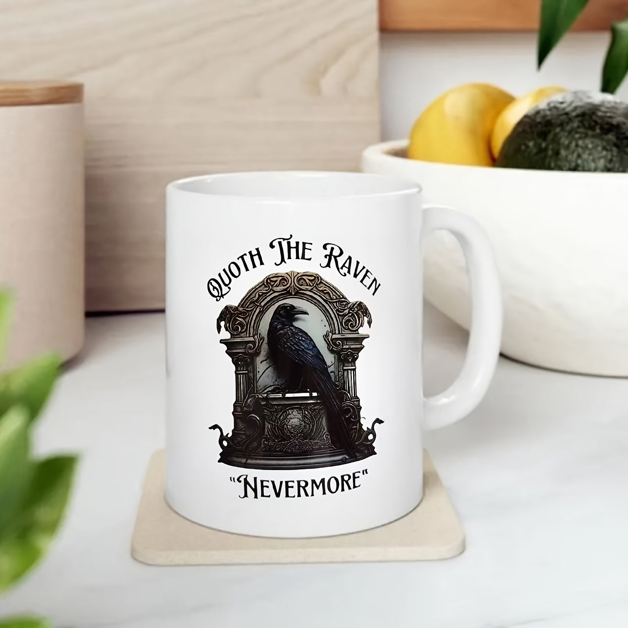 Tailorly White Ceramic 11 oz Mug - Quoth The Raven Nevermore Dark Gothic Arch Surrounding A Majestic Black Bird Perched On Ornate Pedestal Raven