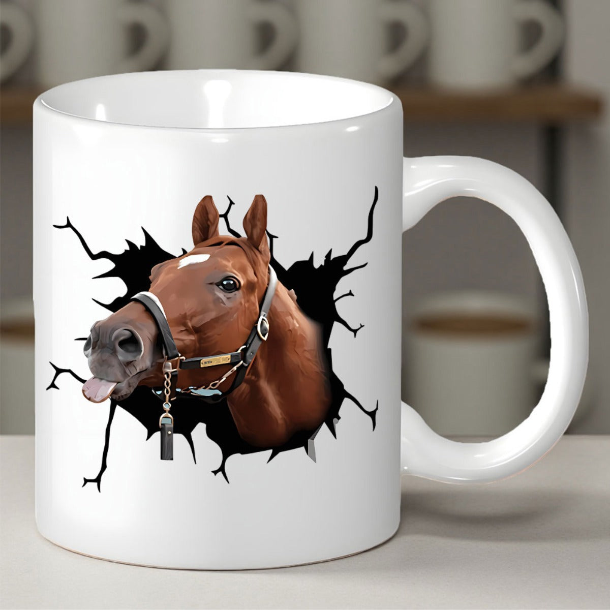 Tailorly White Ceramic 11 oz Mug - Funny Brown Stallion Peeking Through Broken Hole With Playful Tongue Horse