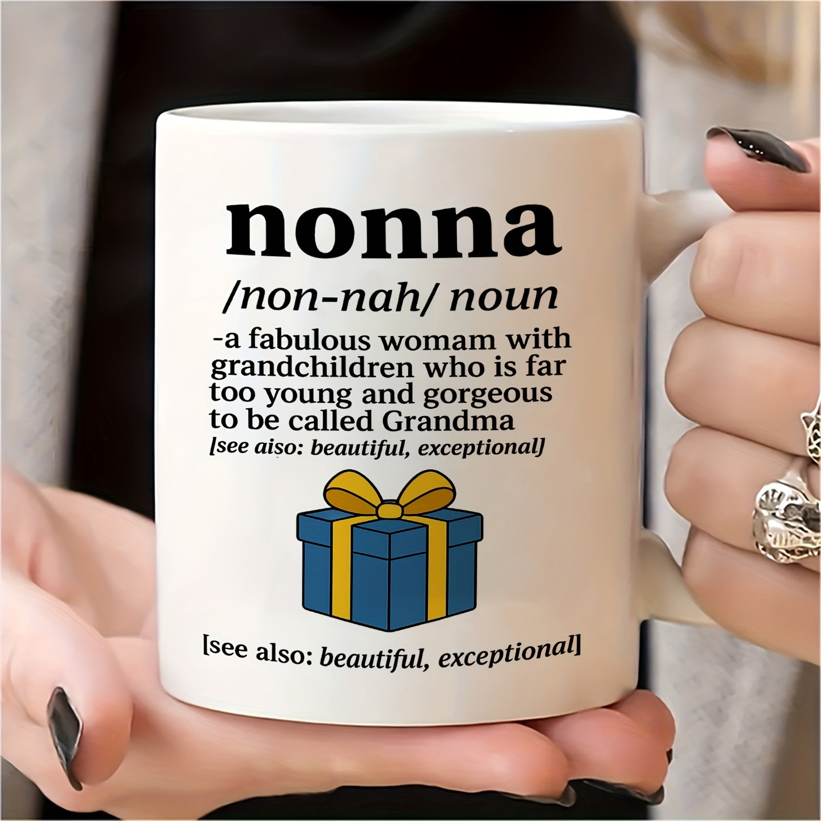 Tailorly White Ceramic 11 oz Mug - Nonna Fabulous Woman Beautiful Exceptional Deep Blue Gift Box With Gold Ribbon Centered On White Surface Gift