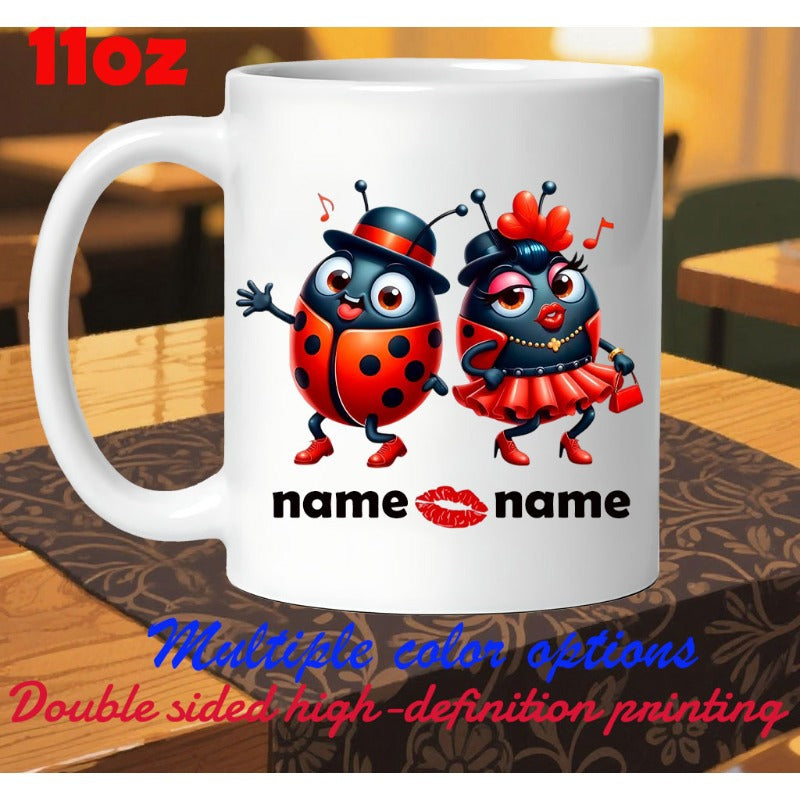 Tailorly White Ceramic 11 oz Mug - Name Name Two Stylish Cartoon Insects Wearing Clothes And Hats Walking Together Ladybug