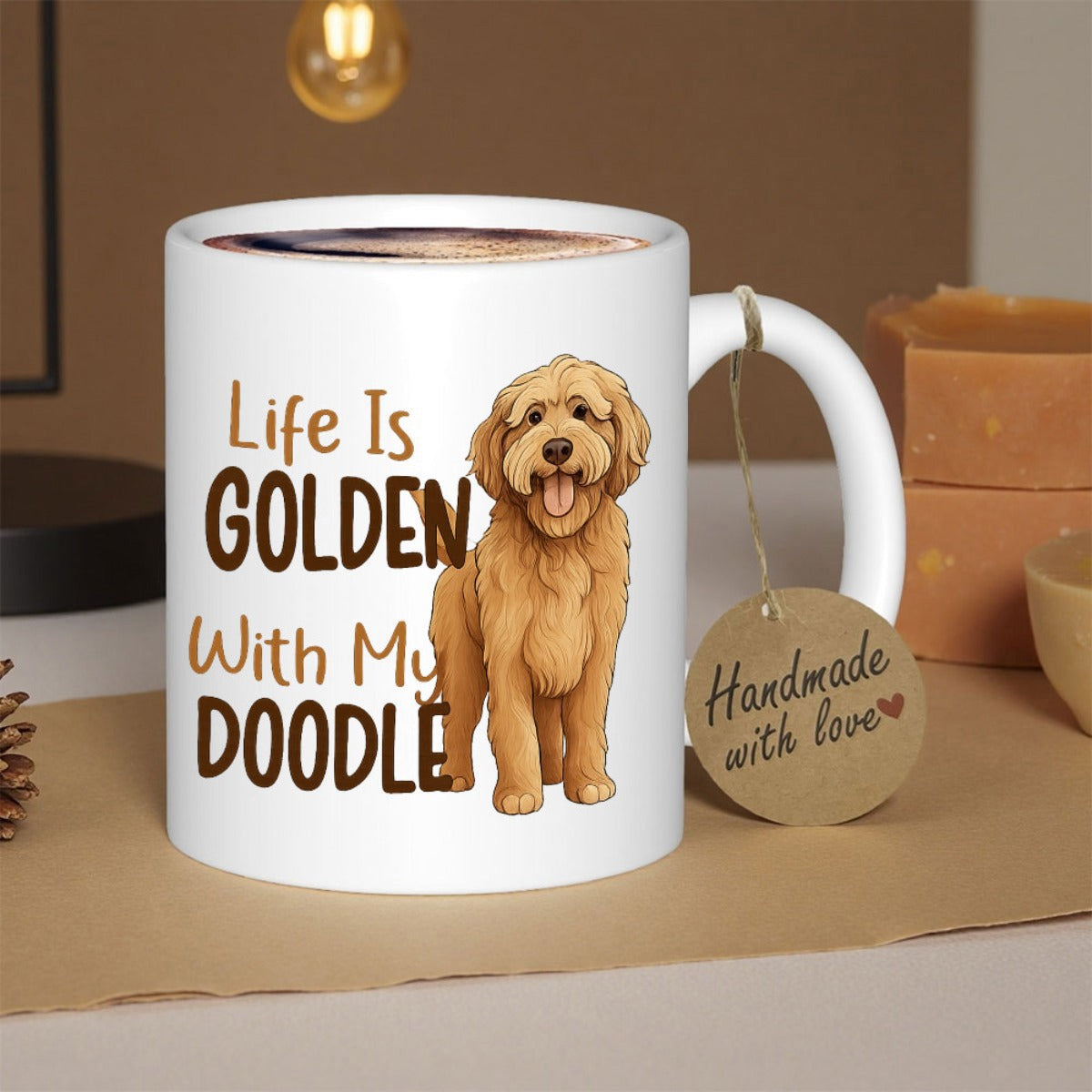 Tailorly White Ceramic 11 oz Mug - Life Is Golden With My Doodle Fluffy Golden Dog Standing With A Happy Friendly Expression Dog