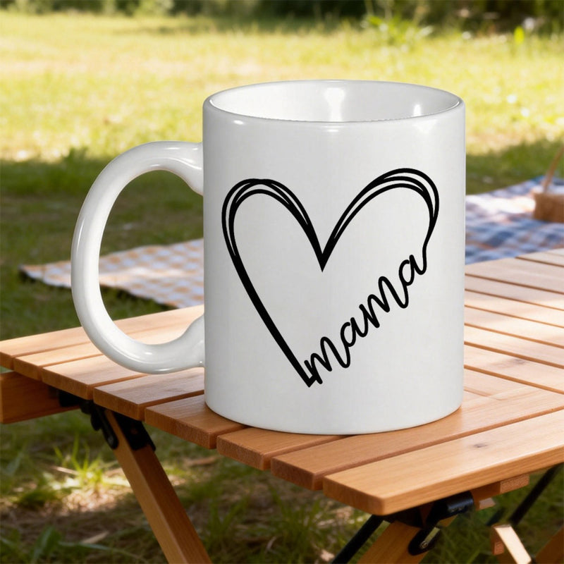 Tailorly White Ceramic 11 oz Mug - Mama Minimalist Triple Lined Sketchy Hand Drawn Outline Artistic Cursive Heart