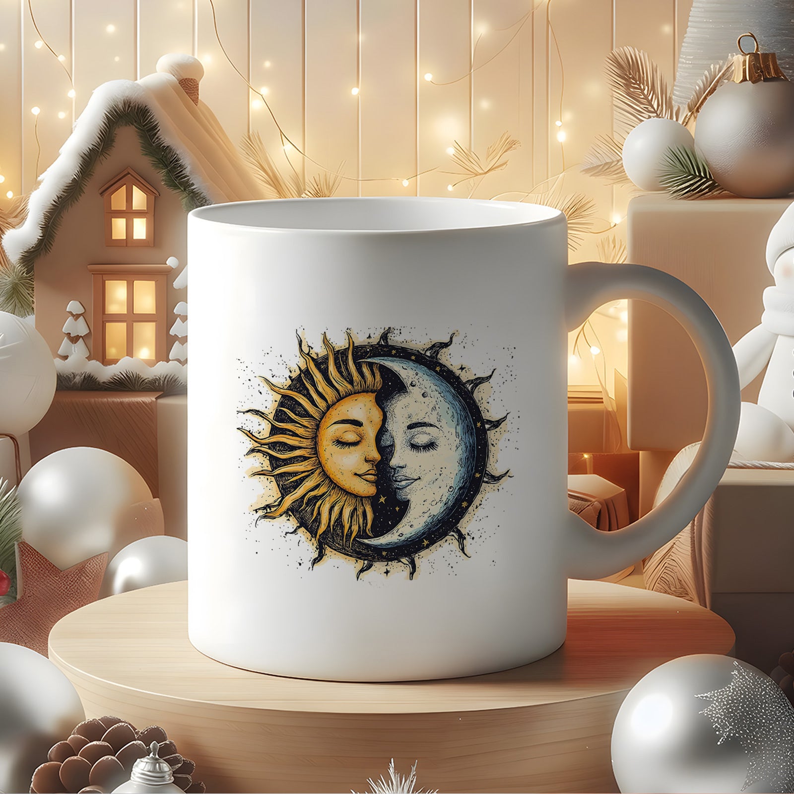 Tailorly White Ceramic 11 oz Mug - Golden Sun And Silver Crescent Moon With Gentle Human Faces Resting Peacefully Sun