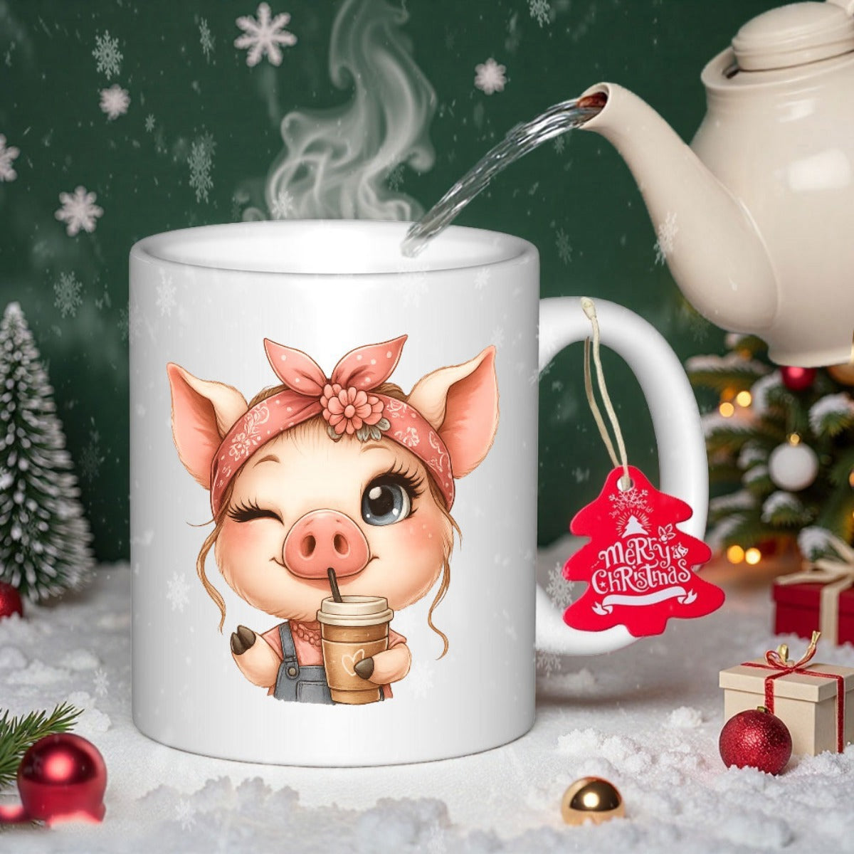 Tailorly White Ceramic 11 oz Mug - Merry Christmas Adorable Small Pink Pig Drinking Warm Coffee Wearing Headband Pig