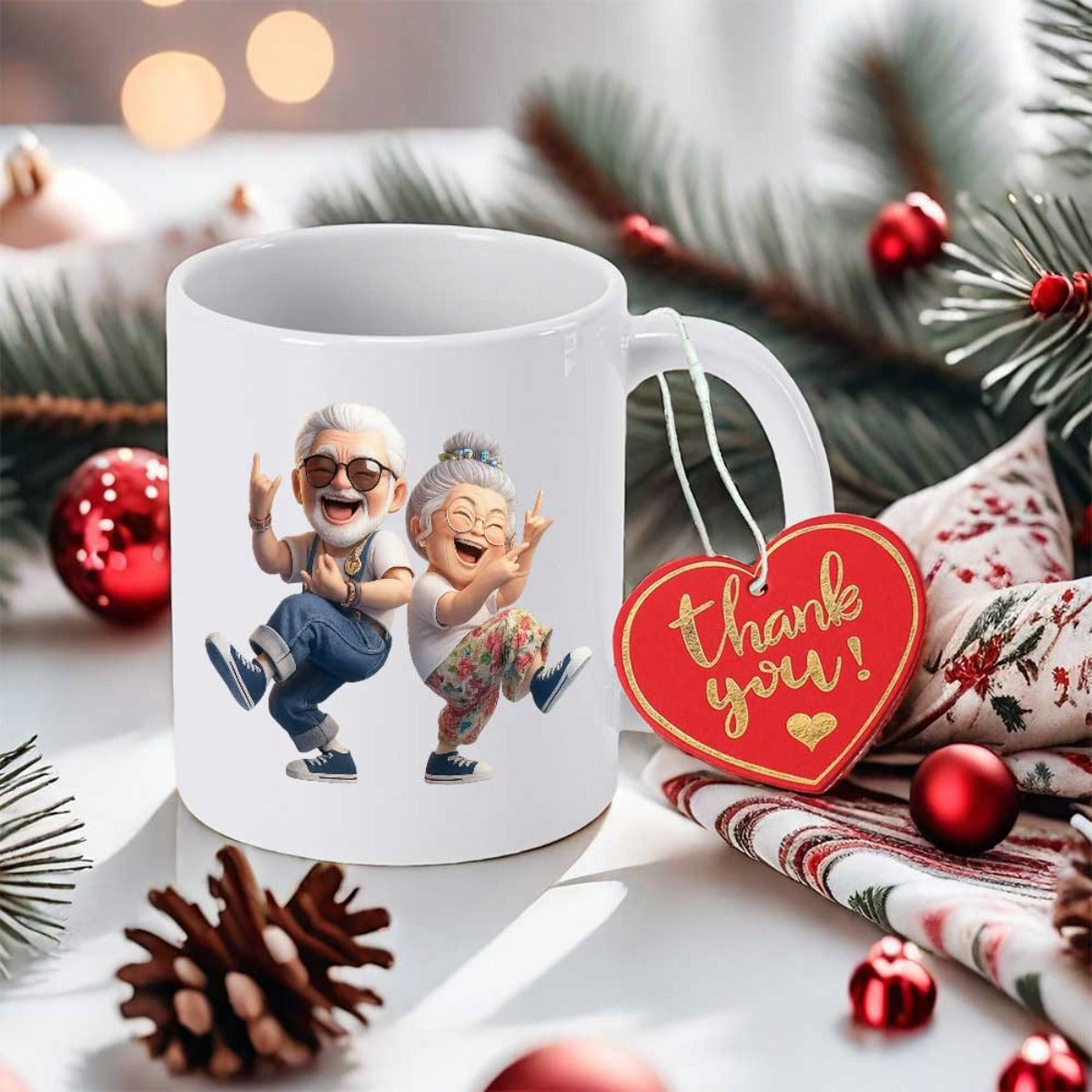 Tailorly White Ceramic 11 oz Mug - Thank You Joyful Animated Elderly Figures Dancing Happily Amidst Festive Winter Decorations Couple