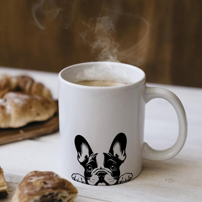 Tailorly White Ceramic 11 oz Mug - Minimalist Black Sketch Peeking Frenchie With Curious Eyes And Cute Paws Bulldog