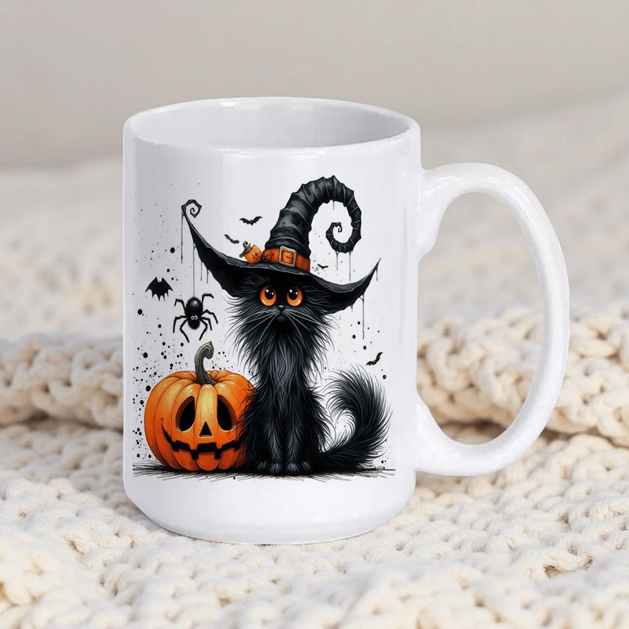 Tailorly White Ceramic 11 oz Mug - Spooky Fluffy Black Cat Wearing Witch Hat Sitting Beside Halloween Pumpkin Cat