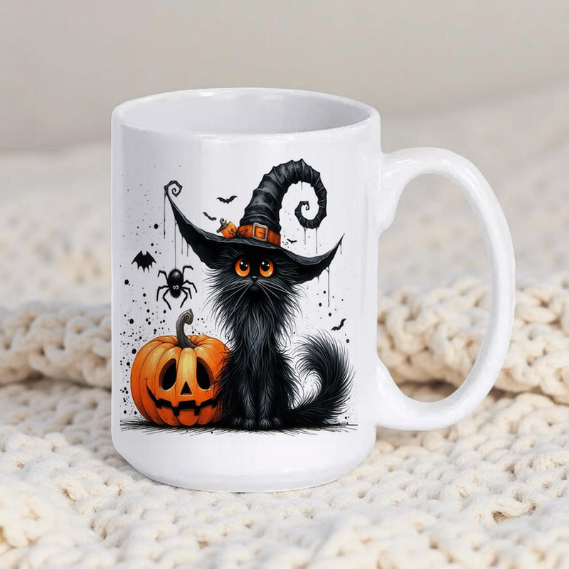 Tailorly White Ceramic 11 oz Mug - Spooky Fluffy Black Cat Wearing Witch Hat Sitting Beside Halloween Pumpkin Cat
