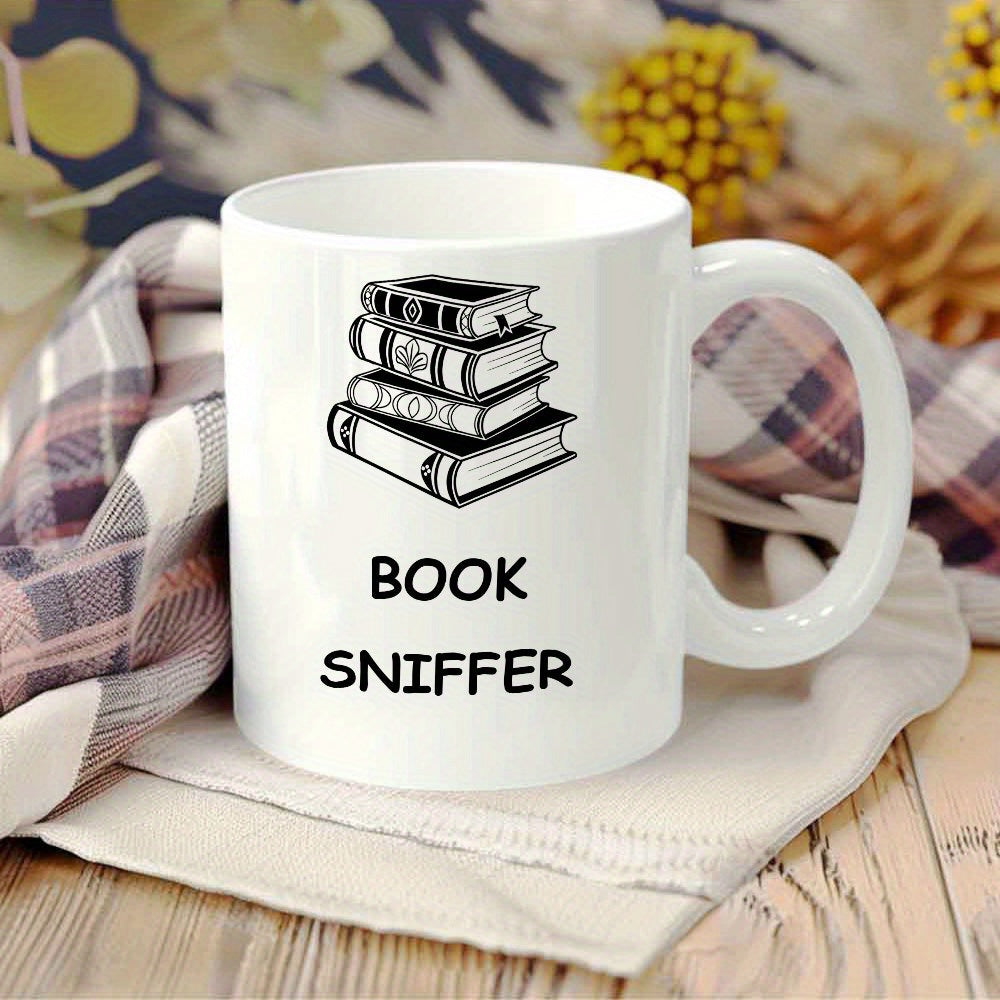 Tailorly White Ceramic 11 oz Mug - Book Sniffer Vintage Stack Of Four Hand Drawn Old Style Reading Books