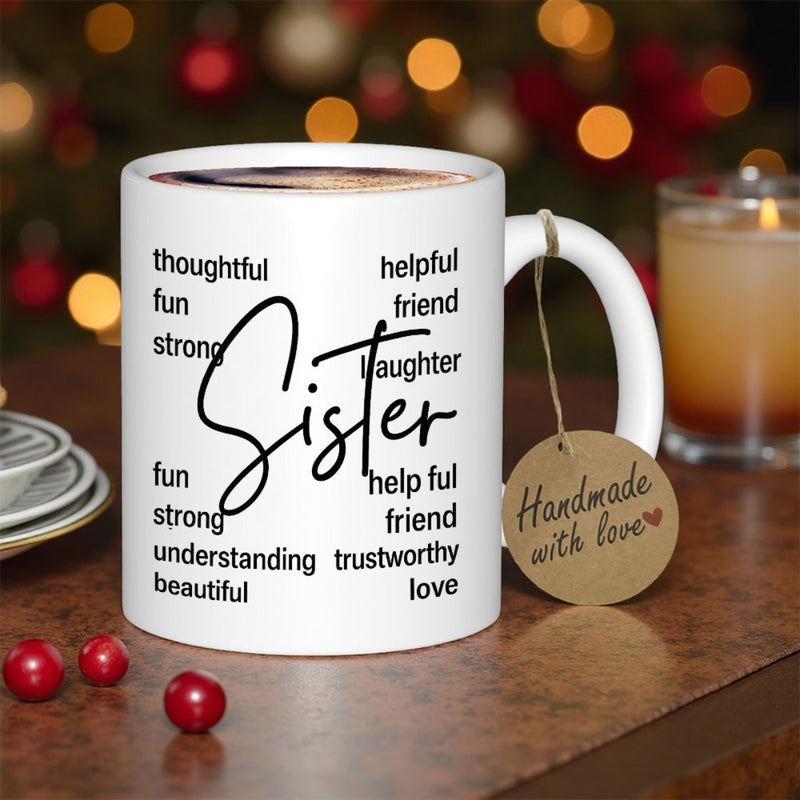 Tailorly White Ceramic 11 oz Mug - Sister Thoughtful Helpful Fun Friend Clean With Meaningful Positive Adjectives Surrounding Script Mug