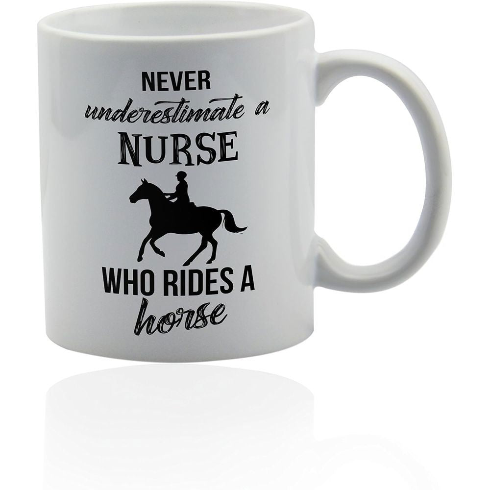 Tailorly White Ceramic 11 oz Mug - Never Underestimate A Nurse Who Rides A Horse Elegant Black Silhouette Featuring A Majestic Galloping Animal With Rider Horse