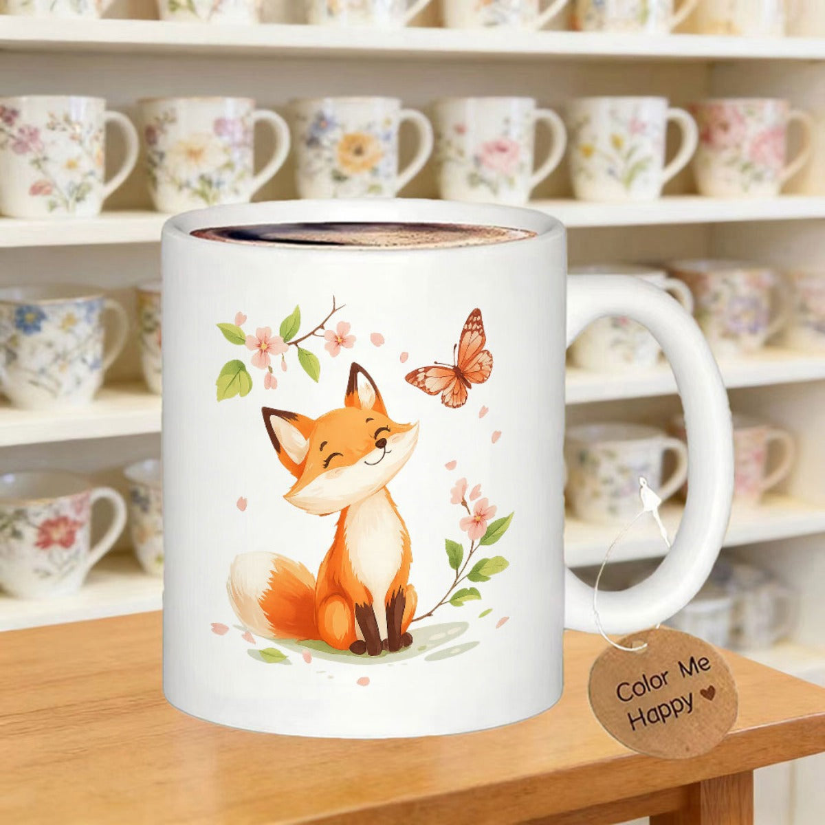 Tailorly White Ceramic 11 oz Mug - Color Me Happy Gentle Watercolor Animal Sitting Peacefully Watching A Fluttering Orange Butterfly Fox
