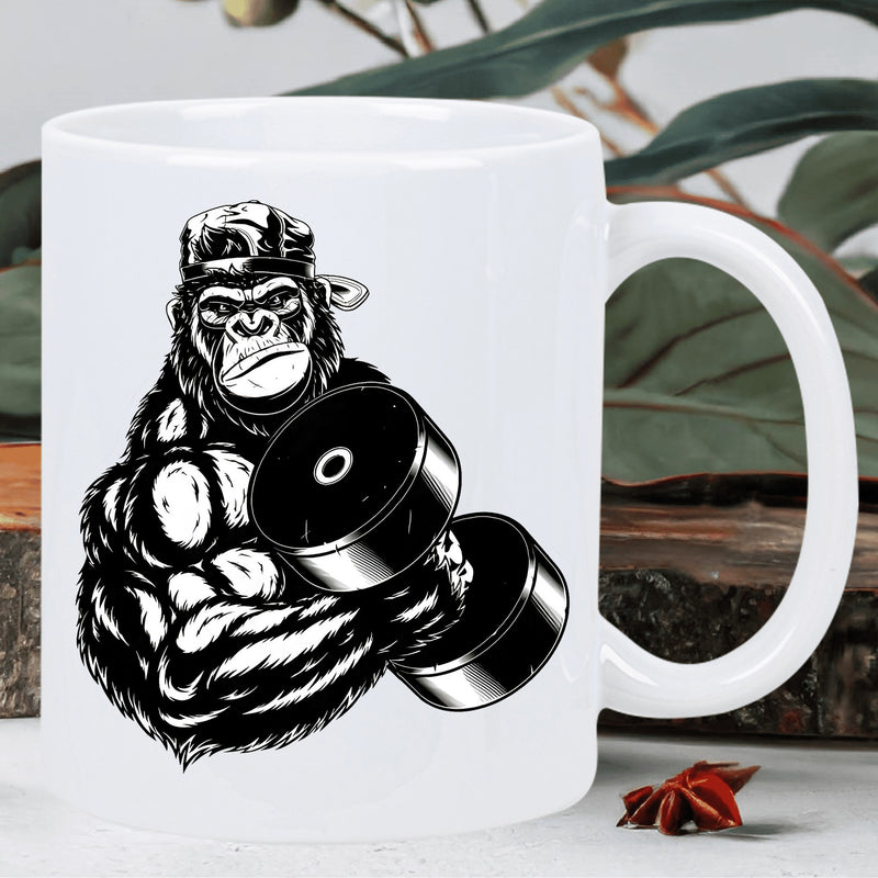 Tailorly White Ceramic 11 oz Mug - Powerful Muscular Bodybuilder Wearing Cap Lifting Heavy Iron Dumbbell Gorilla