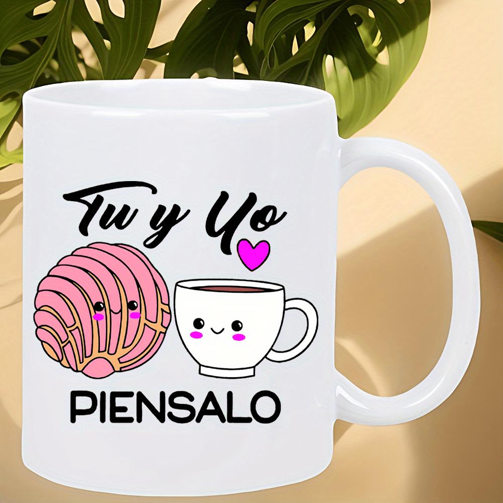 Tailorly White Ceramic 11 oz Mug - Cute Smiling Pink Mexican Sweet Bread With Friendly Little Coffee Cup Bread