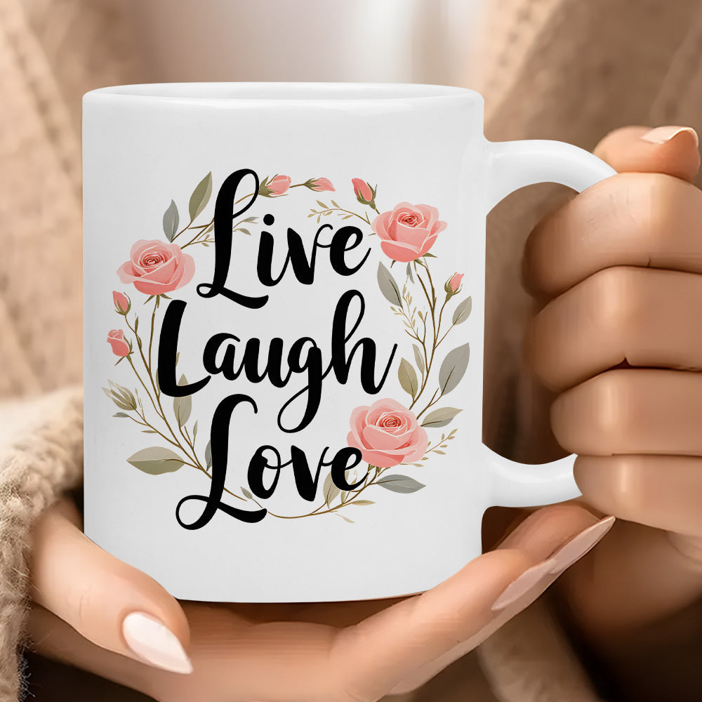Tailorly White Ceramic 11 oz Mug - Live Laugh Love Elegant Pink Roses And Green Leaves Forming A Circular Wreath Rose