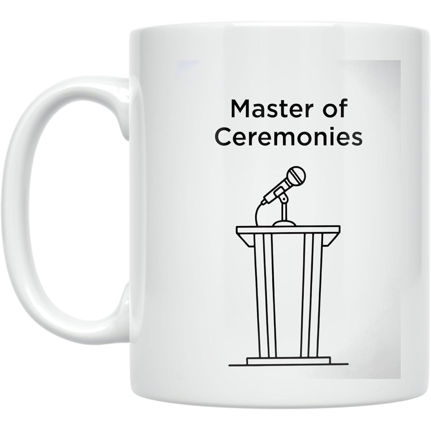 Tailorly White Ceramic 11 oz Mug - Master Of Ceremonies Minimalistic Black Line Art Representing A Professional Microphone Set On A Speaker Podium Podium