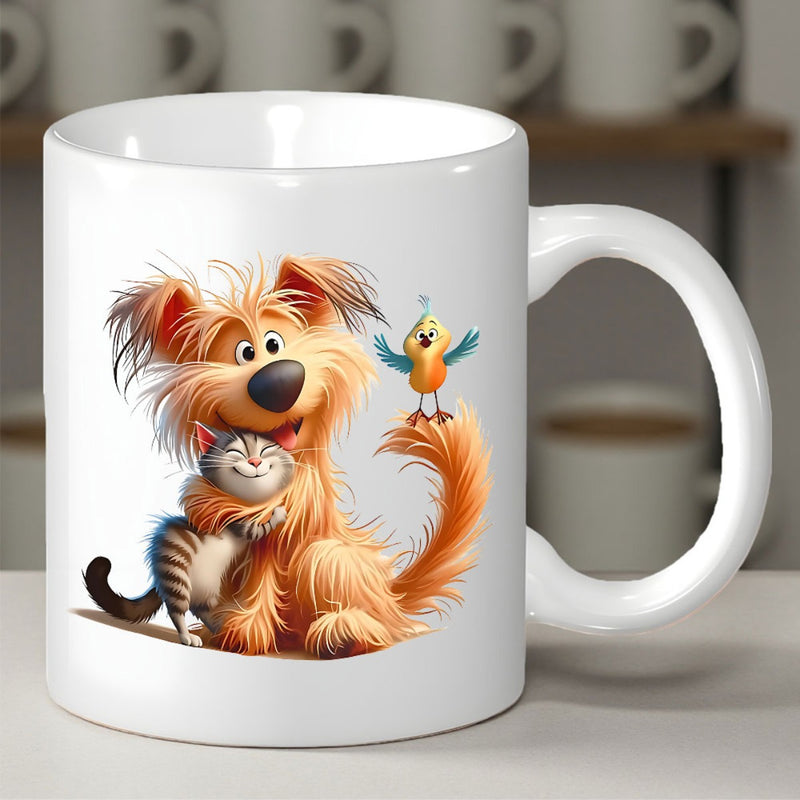 Tailorly White Ceramic 11 oz Mug - Adorable Scruffy Orange Animal Friends Embracing Tiny Striped Cat And Bird Dog