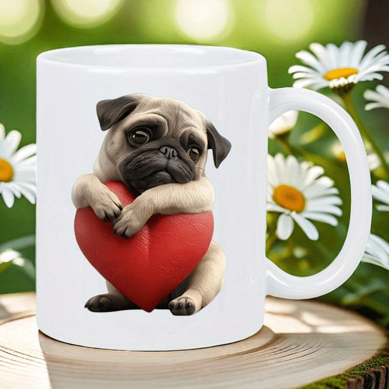 Tailorly White Ceramic 11 oz Mug - Adorable Pug Dog Hugging A Large Red Heart With Gentle Expression Pug