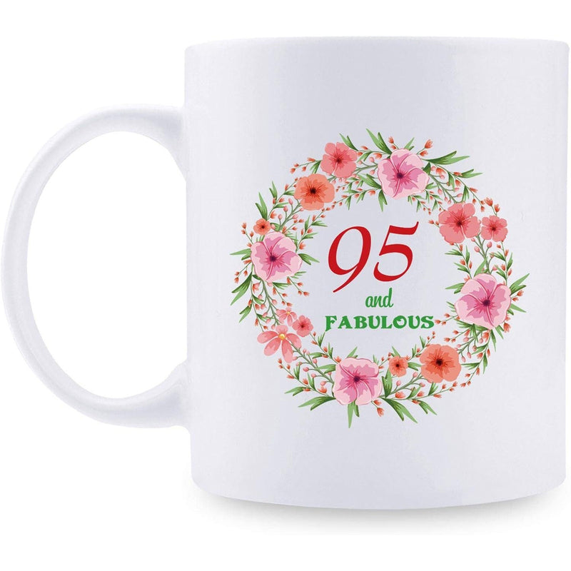 Tailorly White Ceramic 11 oz Mug - 95 And Fabulous Circular Arrangement Of Pink And Peach Flowers With Delicate Green Leaves Wreath