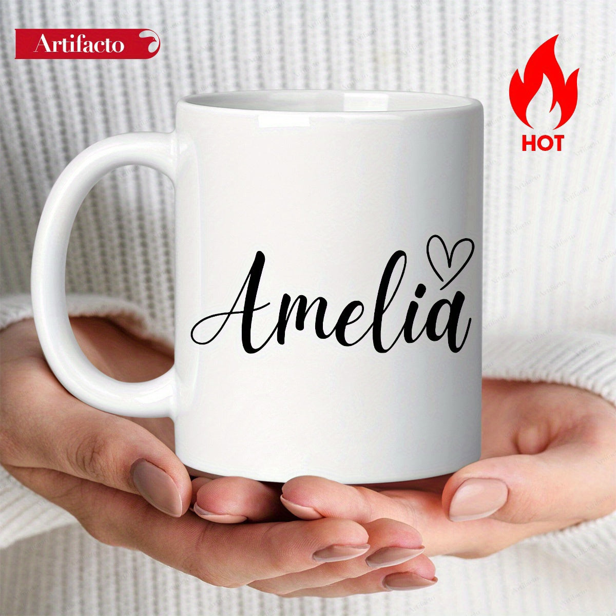 Tailorly White Ceramic 11 oz Mug - Amelia Elegant Handwritten Script Lettering Adorned With A Minimalist Stylized Heart