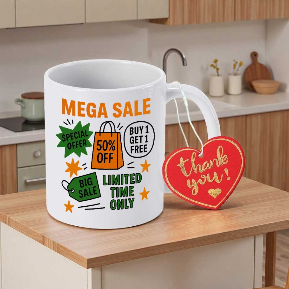 Tailorly White Ceramic 11 oz Mug - Mega Sale Special Offer 50% Off Buy 1 Get 1 Free Big Sale Limited Time Only Thank You Colorful Promotional Retail Graphics