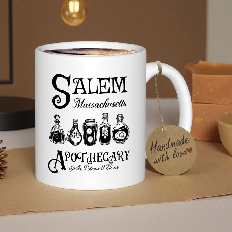 Tailorly White Ceramic 11 oz Mug - Salem Massachusetts Apothecary Spells Potions Elixirs Row Of Vintage Glass Potion Bottles Containing Magical Liquids Apothecary
