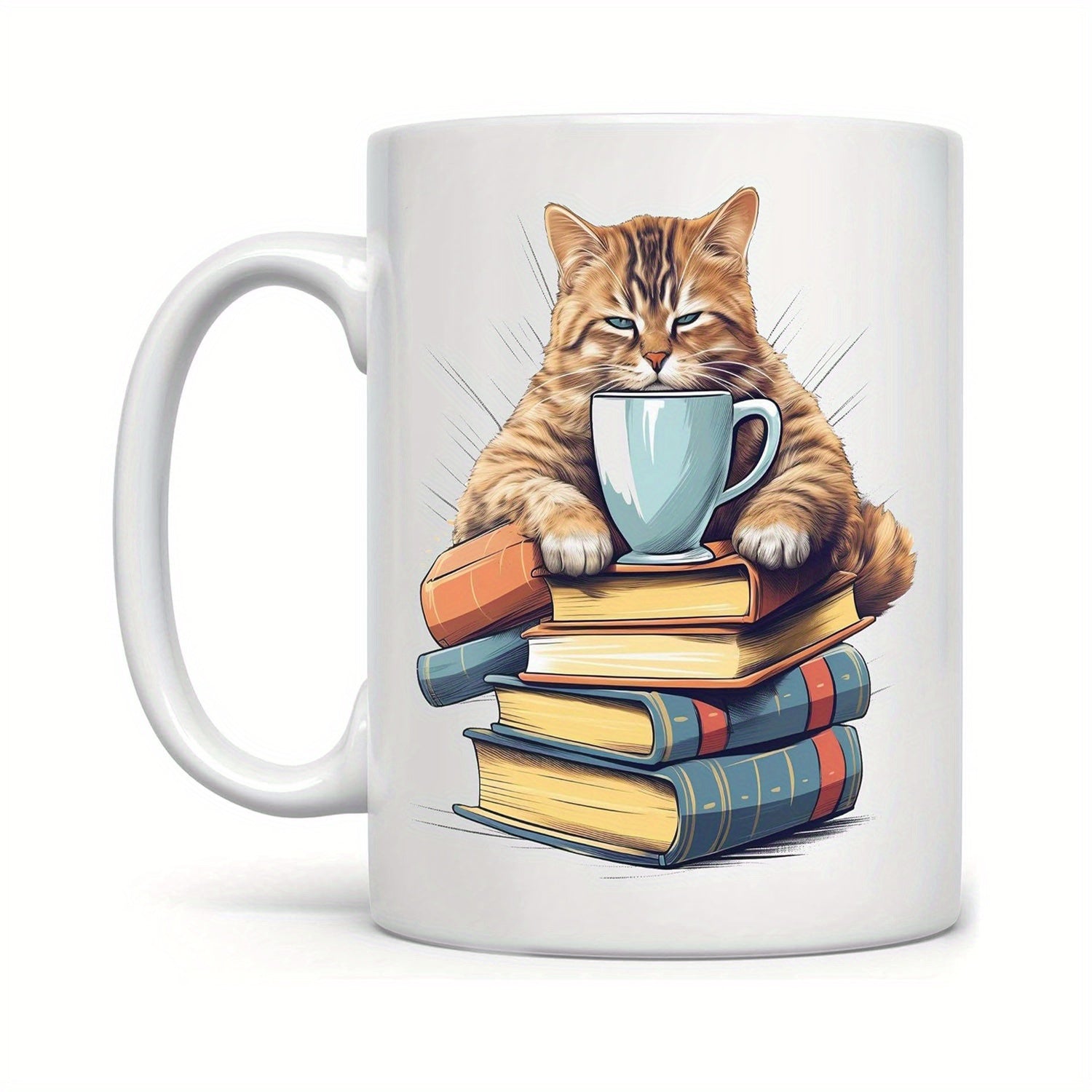 Tailorly White Ceramic 11 oz Mug - Adorable Ginger Tabby Resting On Stacks Of Old Books Cat