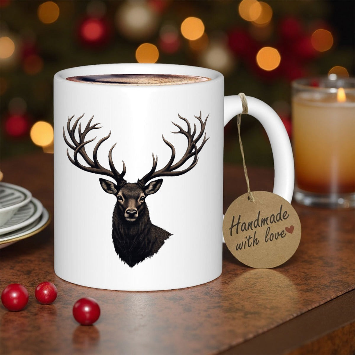 Tailorly White Ceramic 11 oz Mug - Handmade With Love Majestic Black Stag Head With Large Impressive Antlers Facing Forward Deer