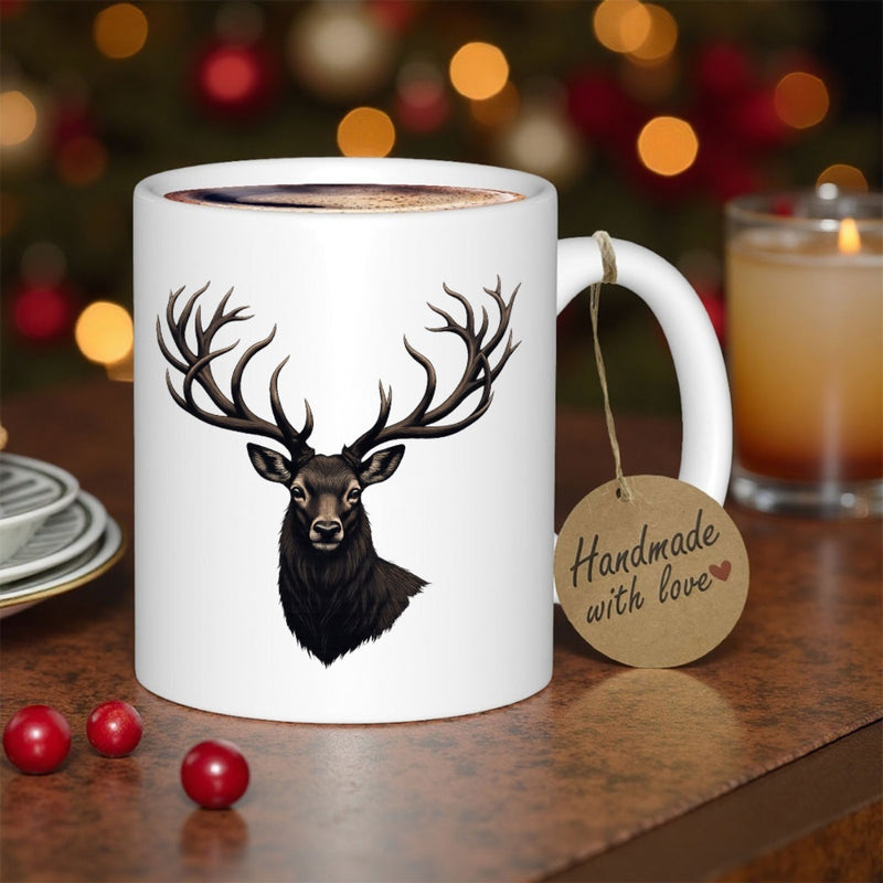 Tailorly White Ceramic 11 oz Mug - Handmade With Love Majestic Black Stag Head With Large Impressive Antlers Facing Forward Deer