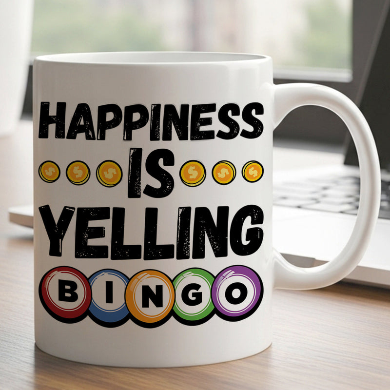 Tailorly White Ceramic 11 oz Mug - Happiness Is Yelling Bingo Vibrant Colorful Gaming Balls And Shiny Gold Coins Bingo