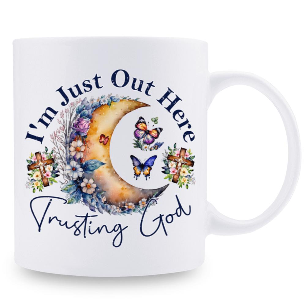 Tailorly White Ceramic 11 oz Mug - I'm Just Out Here Trusting God Floral Crescent Moon With Graceful Butterflies And Religious Crosses Among Blooming Petals Moon
