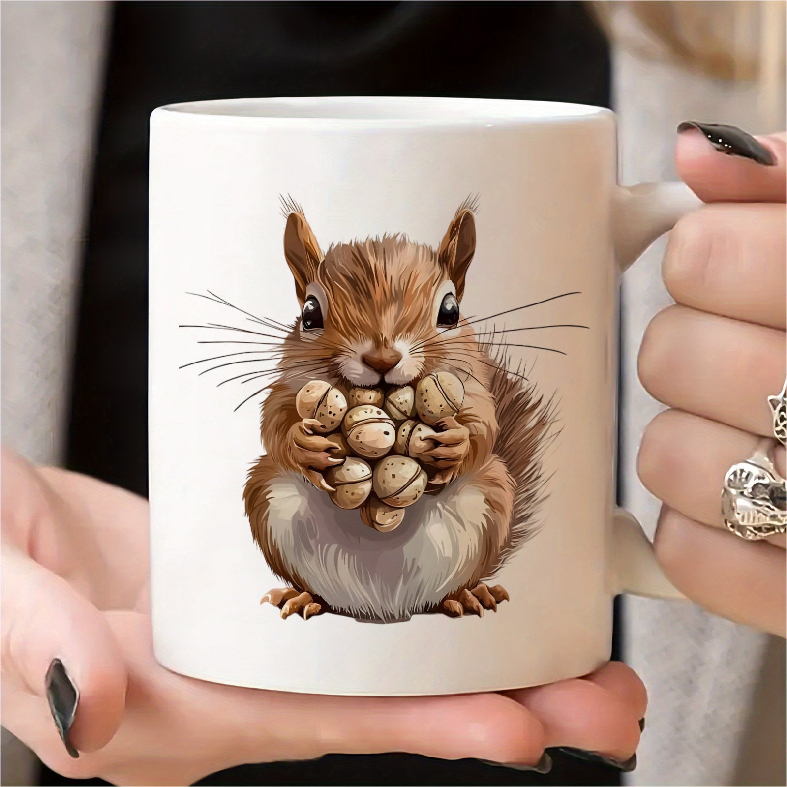 Tailorly White Ceramic 11 oz Mug - Realistic Brown Squirrel Carefully Holding A Large Pile Of Acorns Squirrel