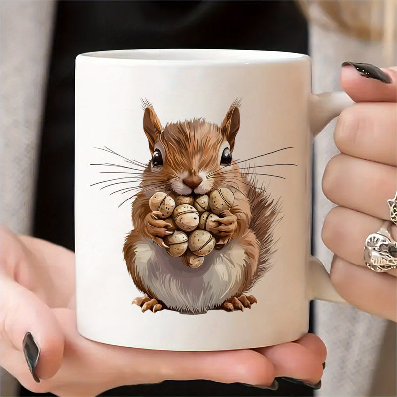 Tailorly White Ceramic 11 oz Mug - Realistic Brown Squirrel Carefully Holding A Large Pile Of Acorns Squirrel