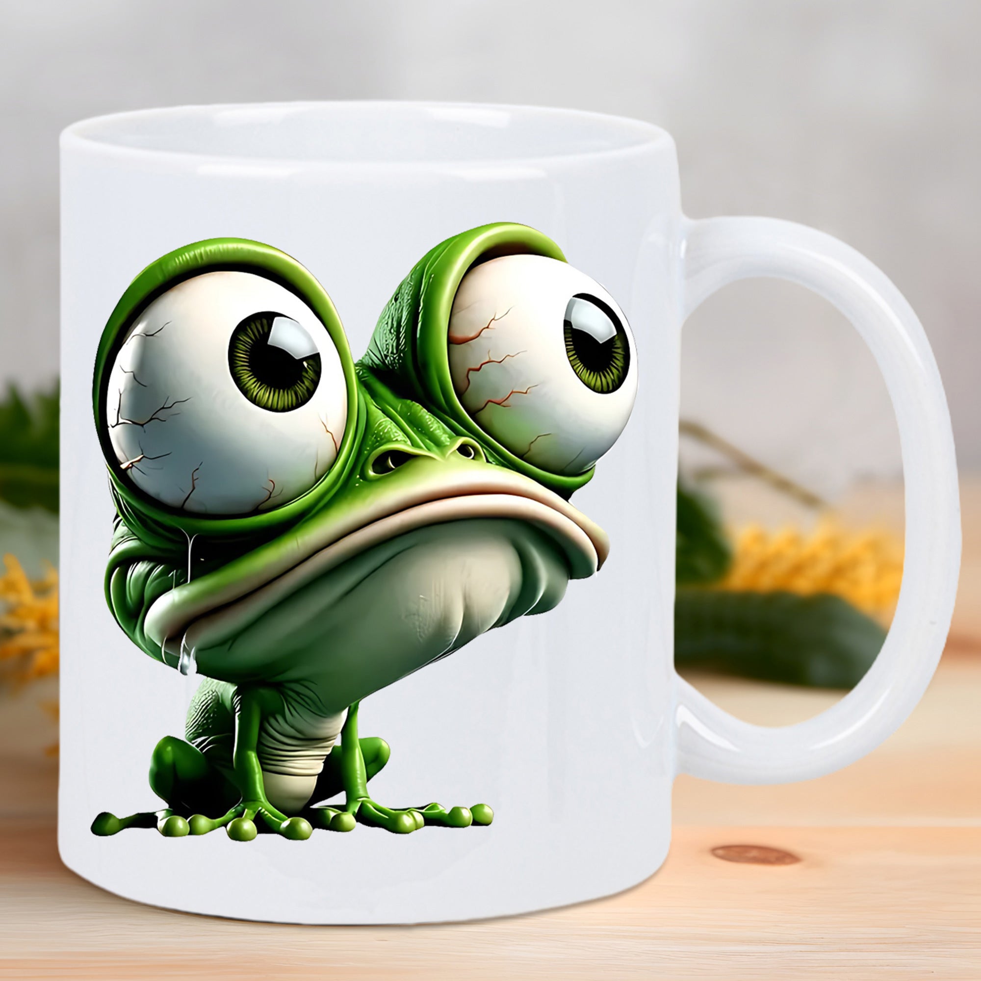 Tailorly White Ceramic 11 oz Mug - Cartoonish Grumpy Green Amphibian With Oversized Bulging Bloodshot Staring Eyes Frog