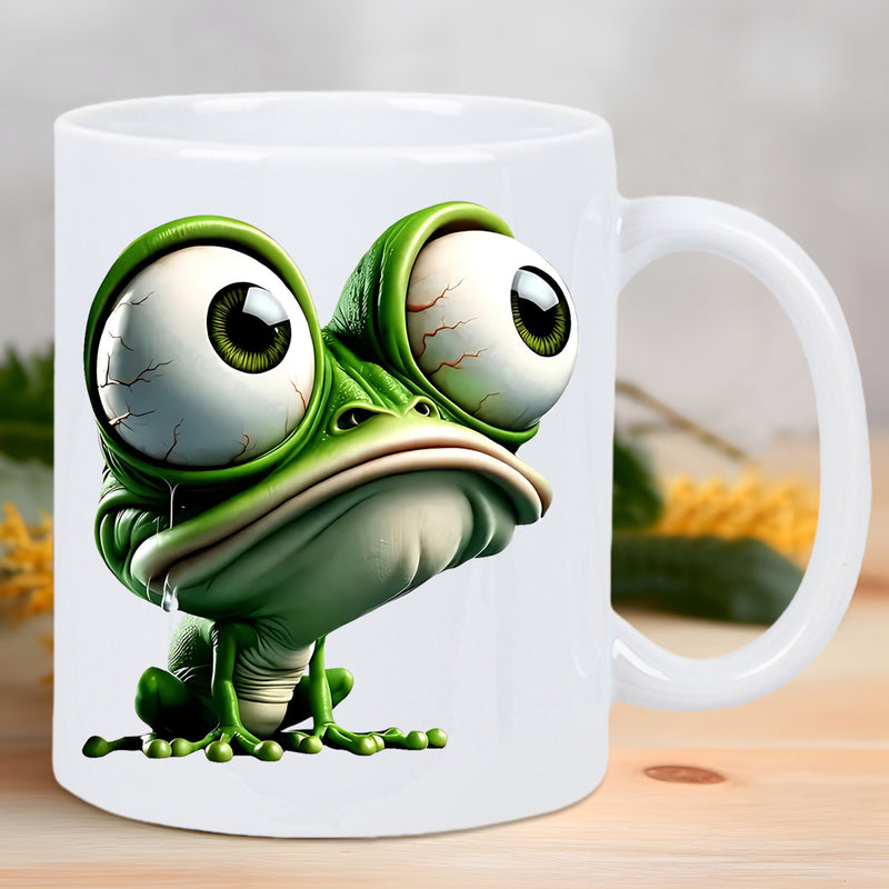 Tailorly White Ceramic 11 oz Mug - Cartoonish Grumpy Green Amphibian With Oversized Bulging Bloodshot Staring Eyes Frog