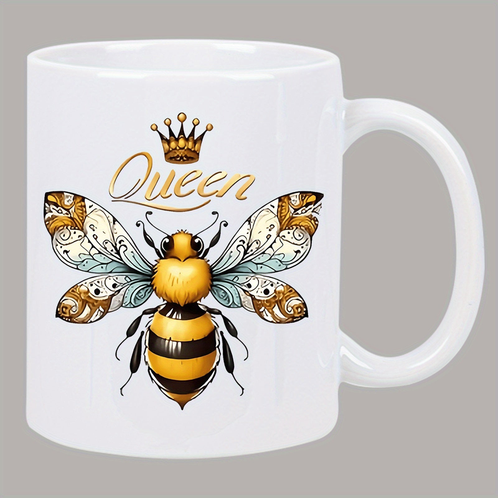 Tailorly White Ceramic 11 oz Mug - Queen Detailed Ornate Wings On A Golden Royal Honeybee Wearing A Crown Bee