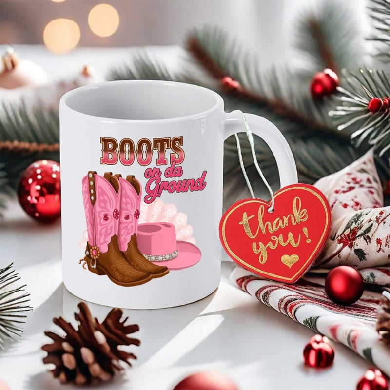Tailorly White Ceramic 11 oz Mug - Boots On The Ground Stylish Pink Western Footwear With Matching Floral Decorative Cowboy Boots
