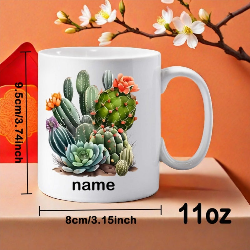 Tailorly White Ceramic 11 oz Mug - Name Lush Green Succulents And Desert Plants Blooming With Vibrant Orange Flowers Cactus