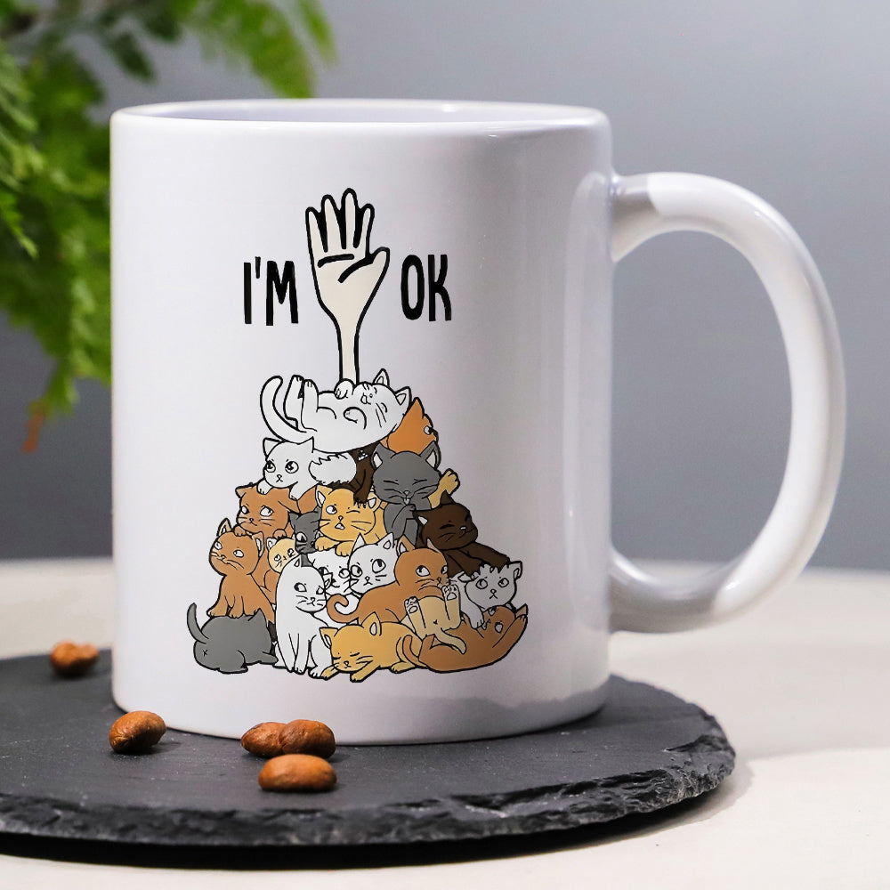 Tailorly White Ceramic 11 oz Mug - I'M OK Numerous Colorful Cartoon Kittens Piled High Beneath A Reaching Human Hand Cat