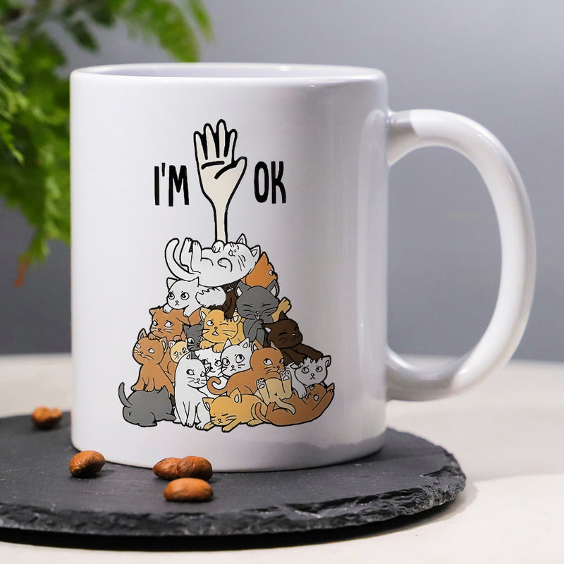 Tailorly White Ceramic 11 oz Mug - I'M OK Numerous Colorful Cartoon Kittens Piled High Beneath A Reaching Human Hand Cat