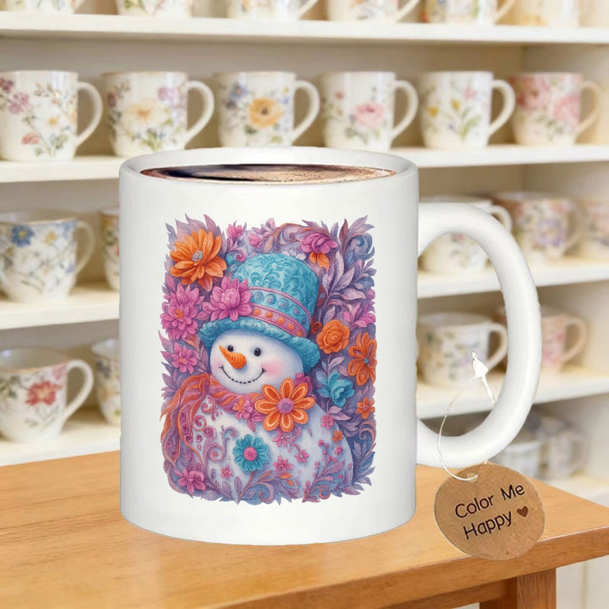Tailorly White Ceramic 11 oz Mug - Color Me Happy Charming Winter Character Wearing Blue Hat Surrounded By Vibrant Colorful Flowers Snowman