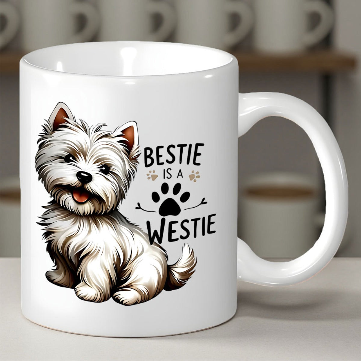 Tailorly White Ceramic 11 oz Mug - Bestie Is A Westie Adorable White Furry Dog Sitting Peacefully Beside Artistic Paw Print Illustrations Westie