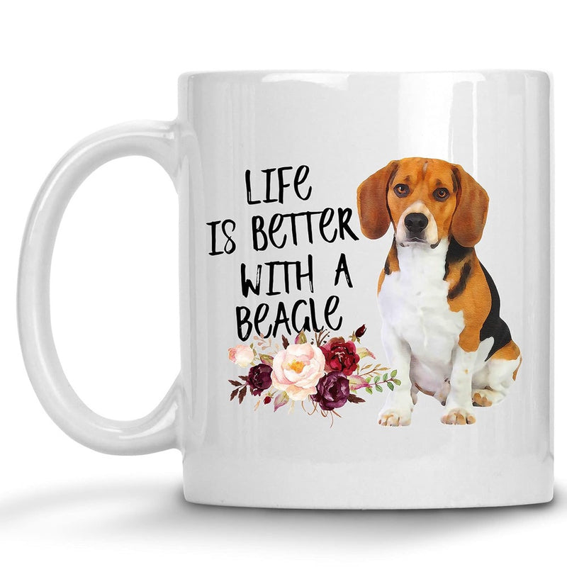 Tailorly White Ceramic 11 oz Mug - Life Is Better With A Beagle Adorable Tricolor Hound Sitting Among Elegant Maroon And Pink Floral Blossoms Beagle