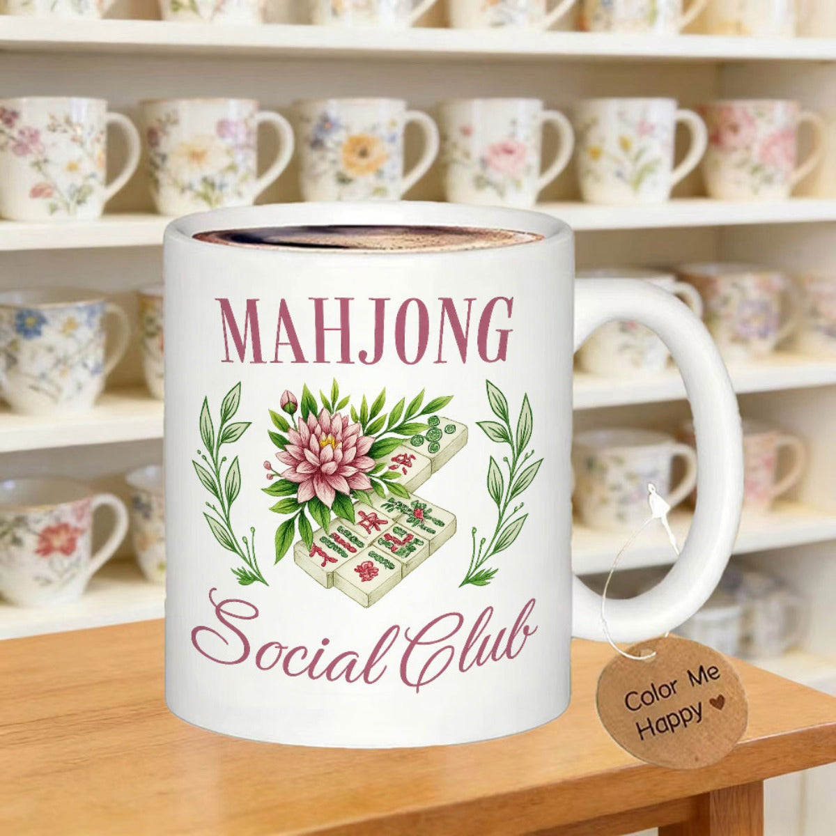 Tailorly White Ceramic 11 oz Mug - Mahjong Social Club Pink Floral Bloom Among Traditional Chinese Tiles With Elegant Green Leaves Mahjong