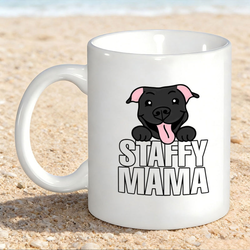 Tailorly White Ceramic 11 oz Mug - Staffy Mama Adorable Peeking Cartoon Puppy With Pink Tongue And Floppy Ears Staffy