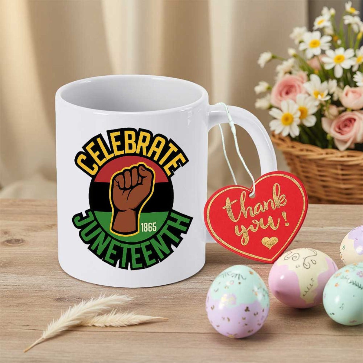 Tailorly White Ceramic 11 oz Mug - Celebrate Juneteenth Raised Fist Icon On Circular Pan African Background Arched Text Mug
