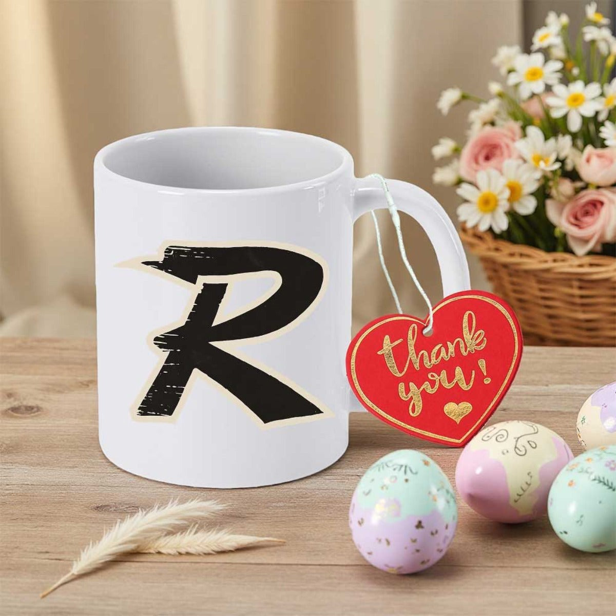 Tailorly White Ceramic 11 oz Mug - Thank You Bold Stylized Brush Stroke Pattern With Textured Black Finish Letter R